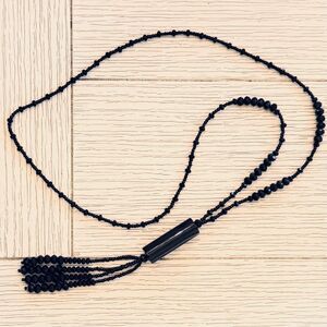 Vintage Black Onyx Tassel Necklace – 28" Natural Stone/Faceted Glass Beads
